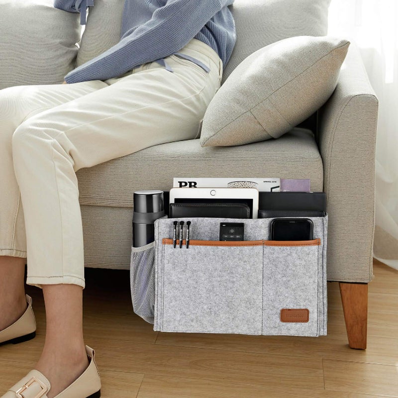 WantuSee Bedside Caddy  Felt Bed Storage Organizer Hanging Bag Holder with 5 Pockets  Magazine Book Phone Tablet iPad Cables Remote and Water Bottle Holder for Home Dorm Bed Sofa  Light Gray - Image 2